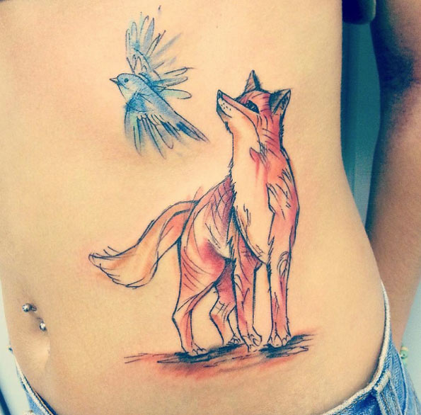 Sketched fox and bird tattoo by Jemka