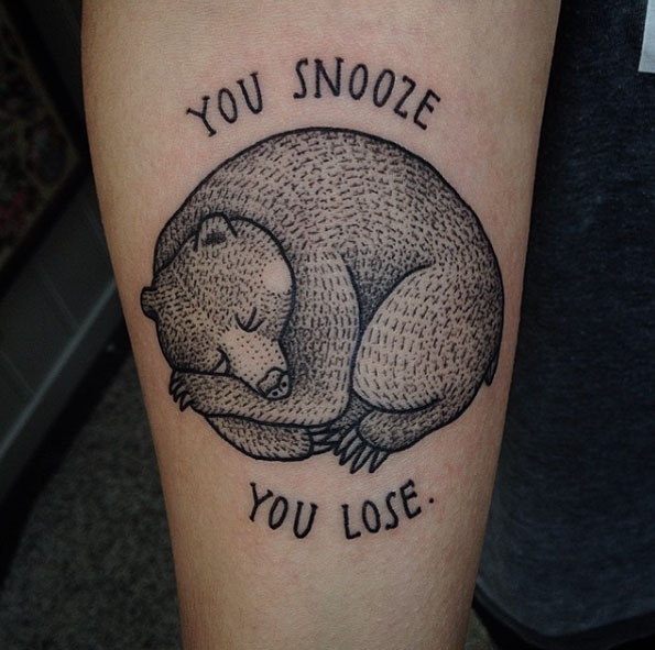 'You snooze you lose' sleeping bear tattoo by Susanne König