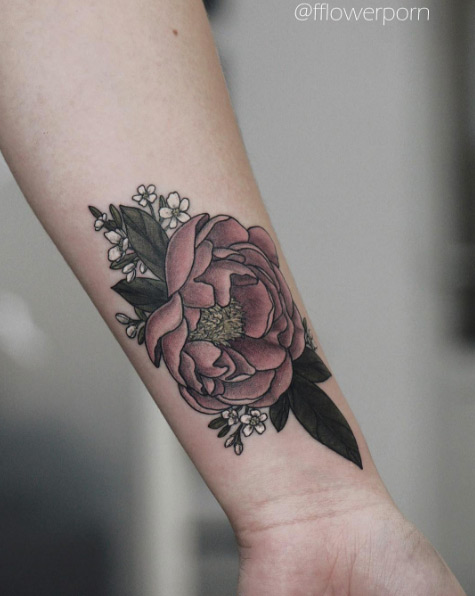 Soft peony tattoo on forearm by Olga Nekrasova
