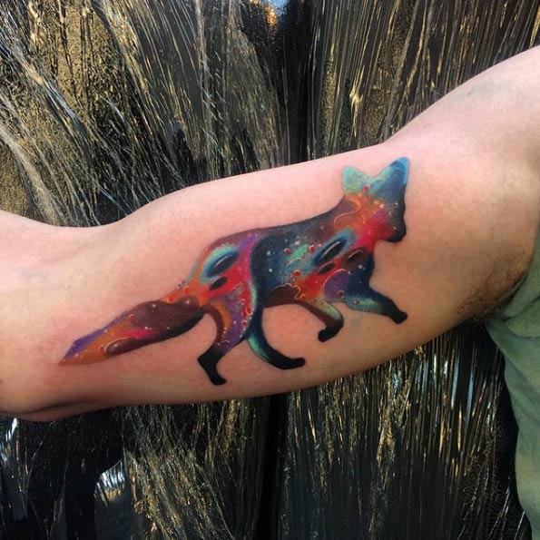 Space-themed fox tattoo by Andy Marsh