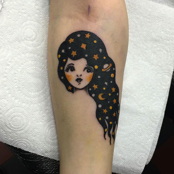 Space hair tattoo by Sarah Whitehouse