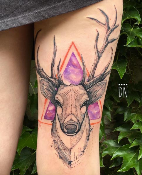 Space-themed stag tattoo by Dino Nemec