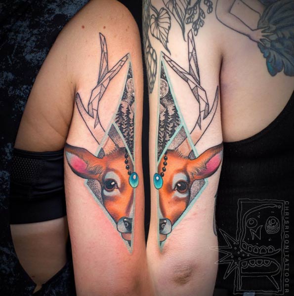 Creative connecting stag tattoo by Chris Rigoni