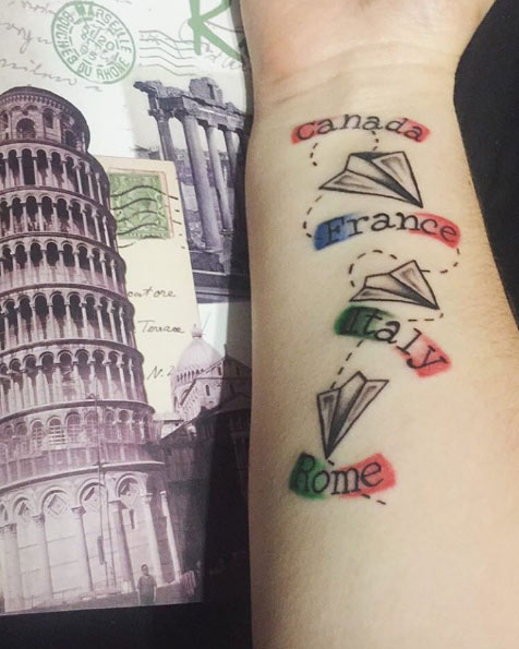 Color coded travel plans tattoo via Tay