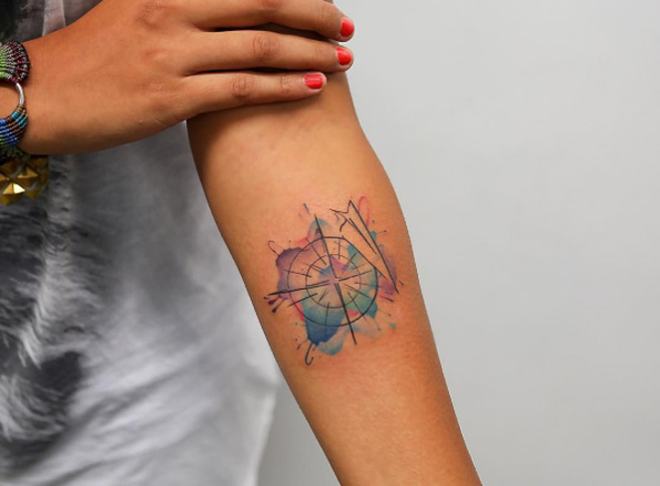 Watercolor compass tattoo by Georgia Grey
