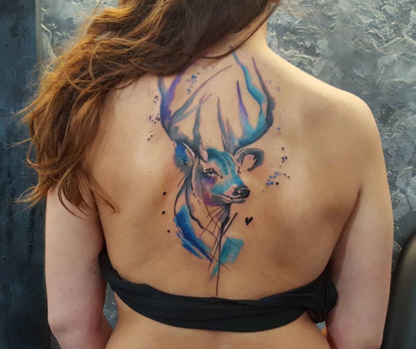 Watercolor deer on back by Simona Blanar