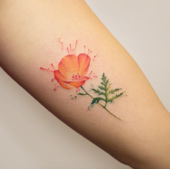 Watercolor poppy tattoo by Georgia Grey