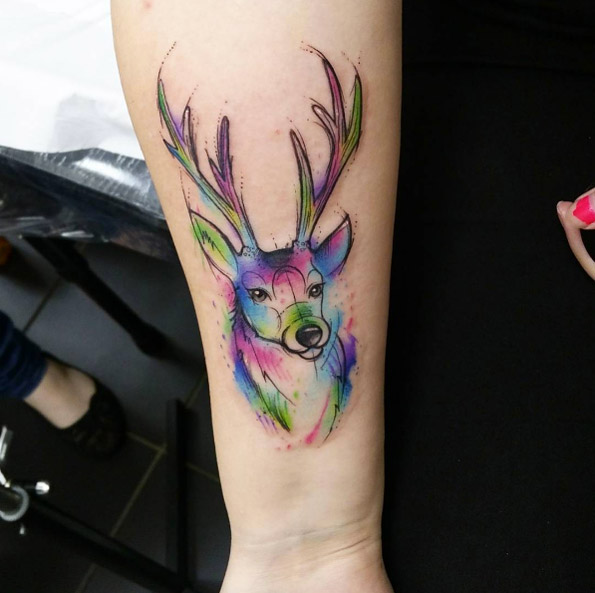 Watercolor stag tattoo by Josie Sexton