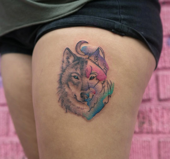 Watercolor wolf tattoo by Georgia Grey