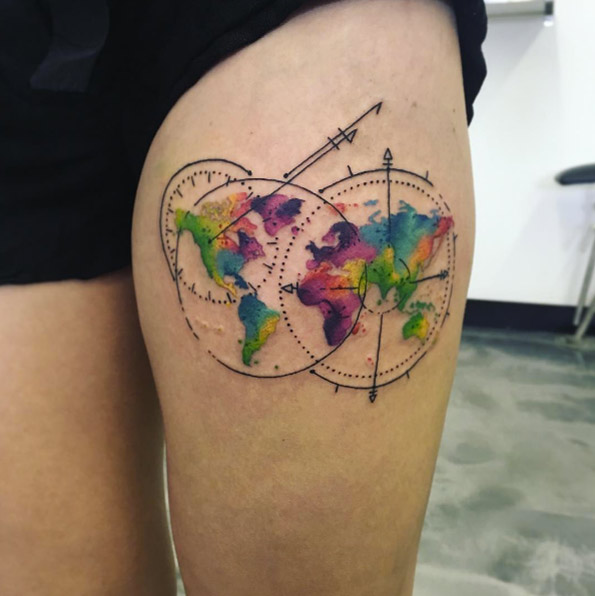 Watercolor world map tattoo by Jordan Ashley