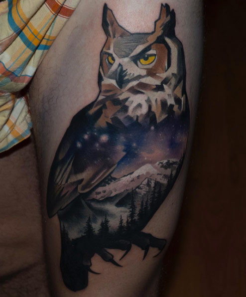 Spectacular landscape owl tattoo by Halasz Matyas