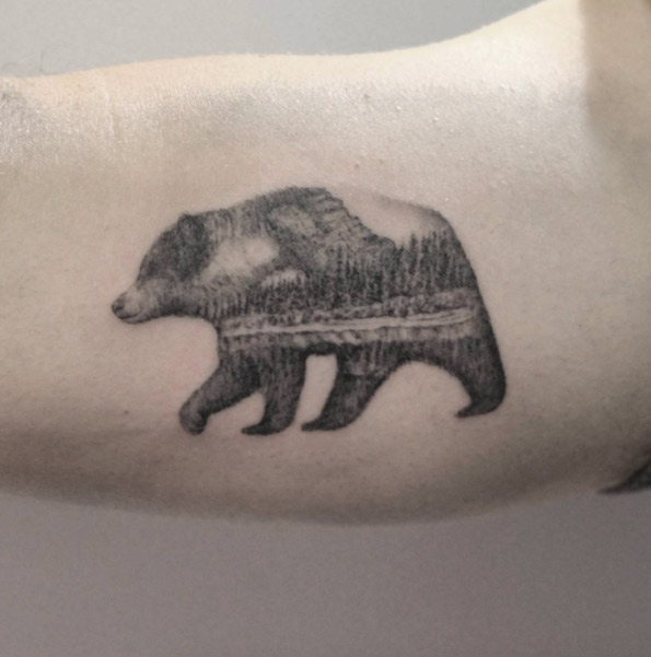 Landscape bear tattoo by Lindsay April