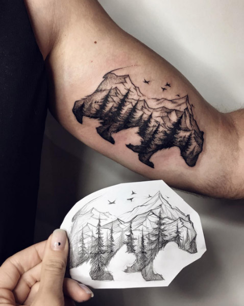 Stunning landscape bear tattoo by Sasha Kiseleva