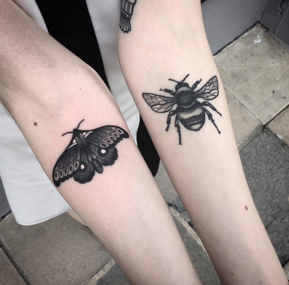Insect forearm tattoos by Chris Stockings