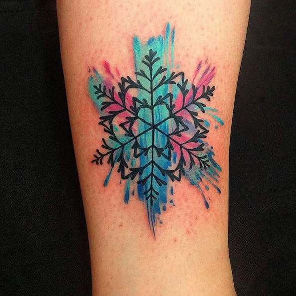 Vivid watercolor brush stoke snowflake tattoo by Brain Duffy