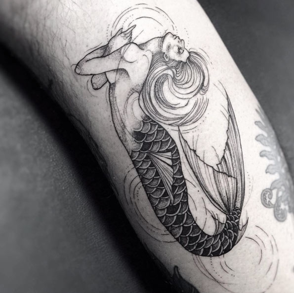 Black and grey ink mermaid tattoo by Sandra Cunha