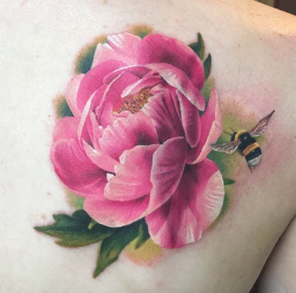 Bumblebee and peony tattoo by Michelle Maddison