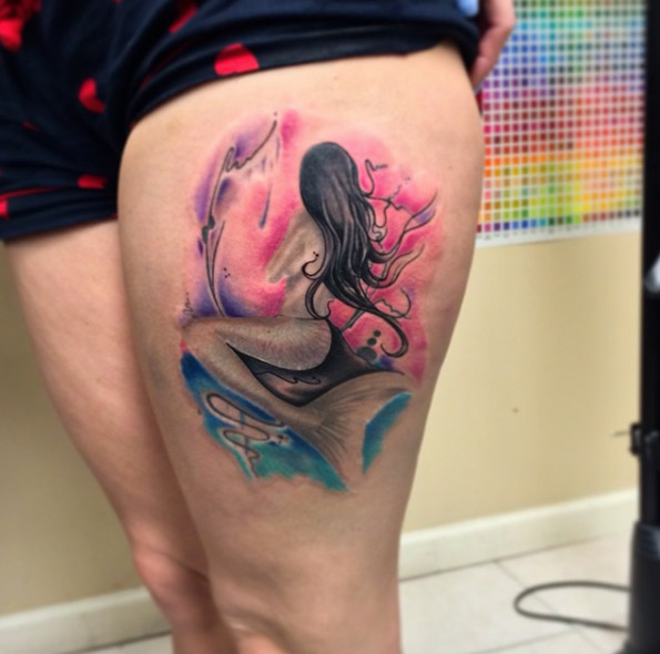 Colorfully framed mermaid tattoo by Frankie Oneshot