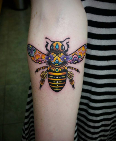 Double exposure bee tattoo by Gina Forte