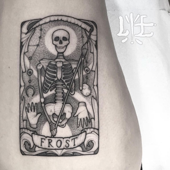 Inverted death card tattoo by Lawrence Edwards