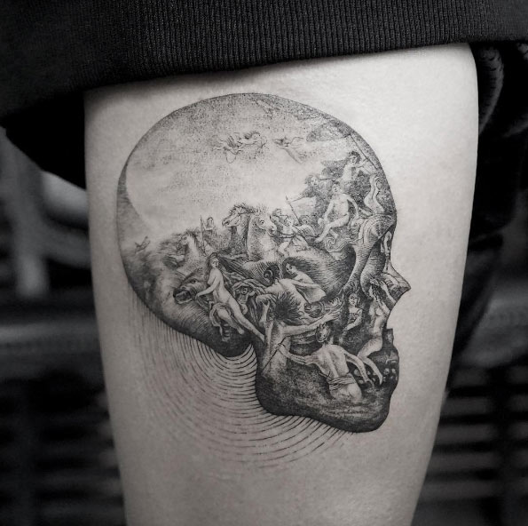 Detailed skull tattoo by Sanghyuk Ko