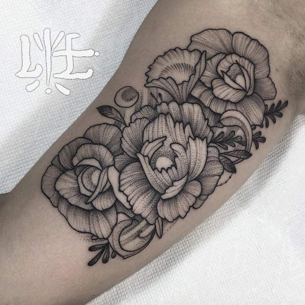 Dotwork floral tattoos by Lawrence Edwards