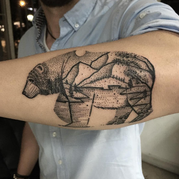 Dotwork landscape bear tattoo by Daniel Rozo