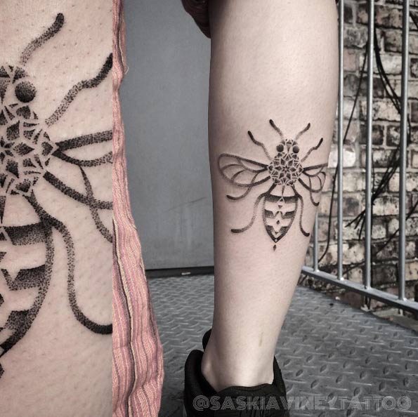 Dotwork mandala bee tattoo by Saskia Viney 