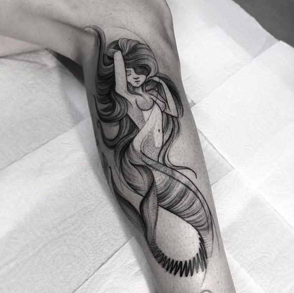 Amazing dotwork mermaid tattoo by Alexandre Santos