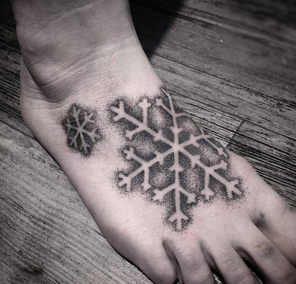 Dotwork snowflakes on foot by Green Pearl Tattoo