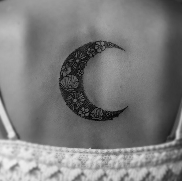 Floral crescent moon tattoo by Matt Carlisle