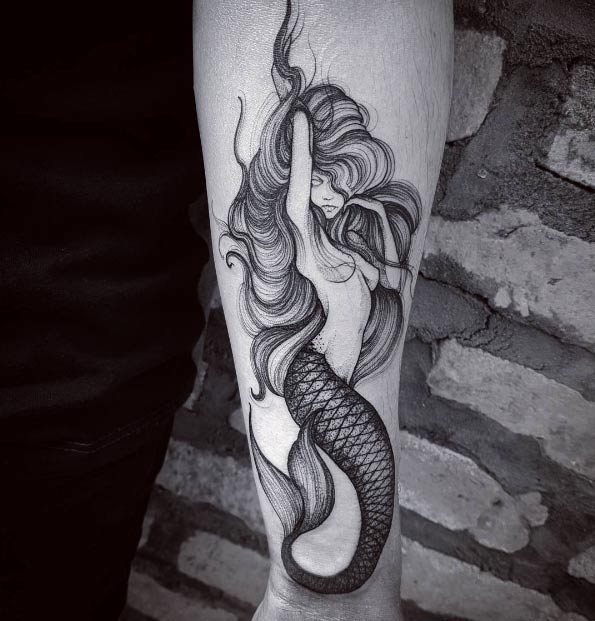 Linework mermaid tattoo by Felipe Kross