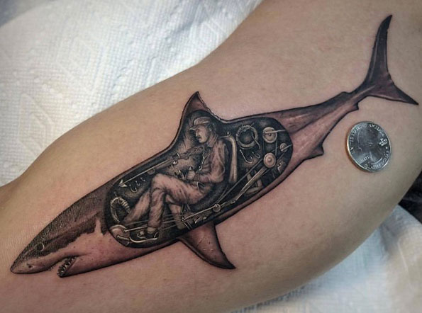 Mechanized shark tattoo by Ben Grillo