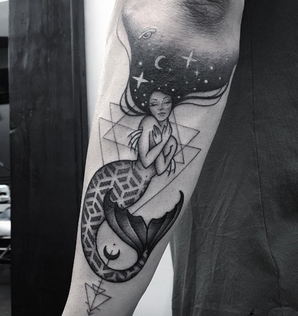 Celestial moon mermaid tattoo by Elizabeth Markov