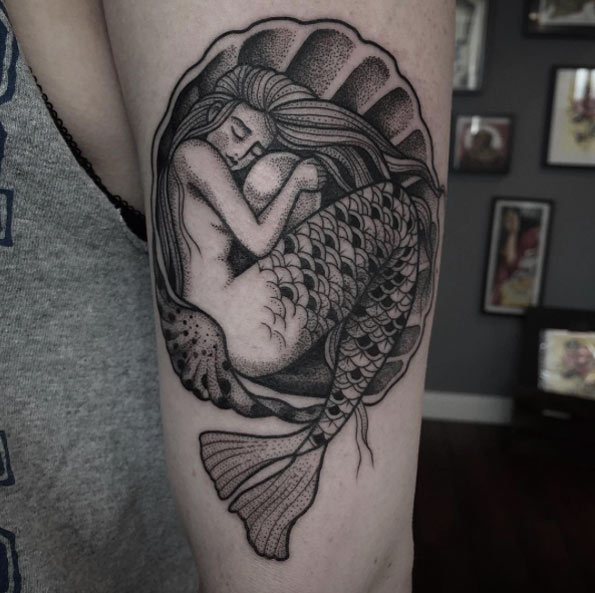 Dotwork mermaid tattoo by Surflanda