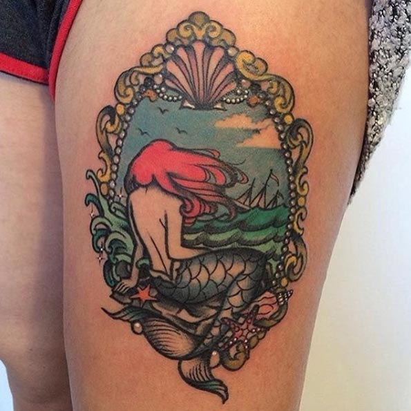 Framed neo traditional mermaid tattoo via Raine