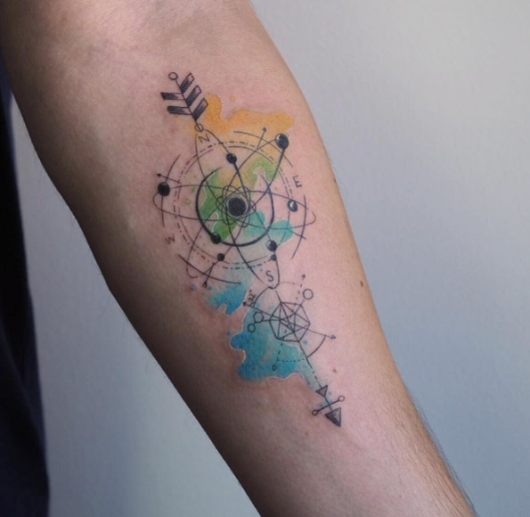 Watercolor scientific compass tattoo by Baris Yesilbas