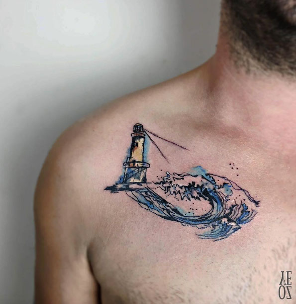 Wave and lighthouse seascape tattoo by Yeliz Ozcan