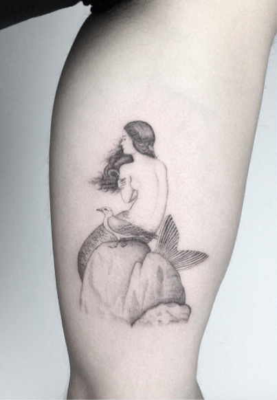 Single needle mermaid tattoo by Jakub Nowicz