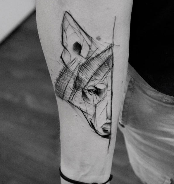 Sketch style wolf tattoo by Kamil Mokot
