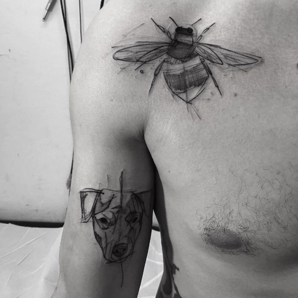 Sketched bee tattoo by Kamil Mokot