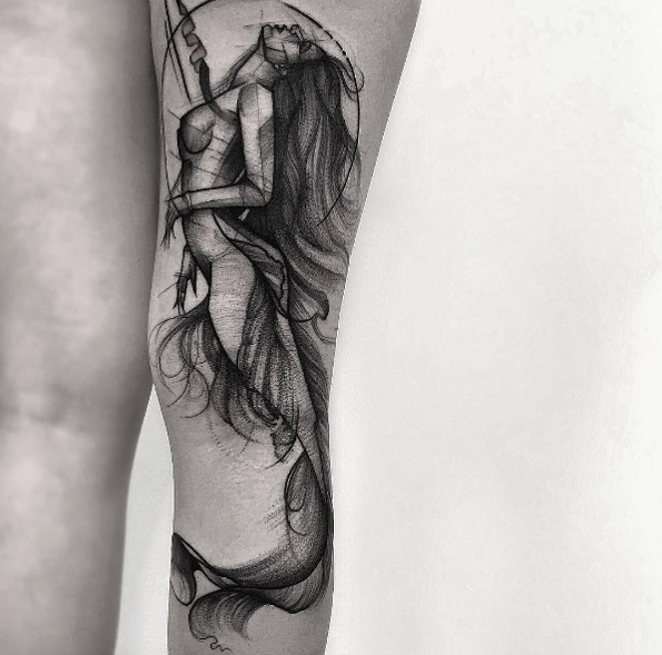 Sketched mermaid tattoo by Frank Carrilho
