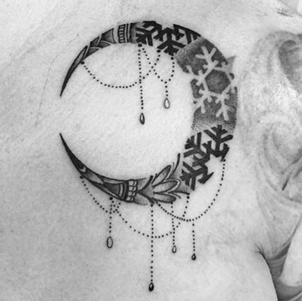 Snowflake laden crescent moon by 383 Tattoo