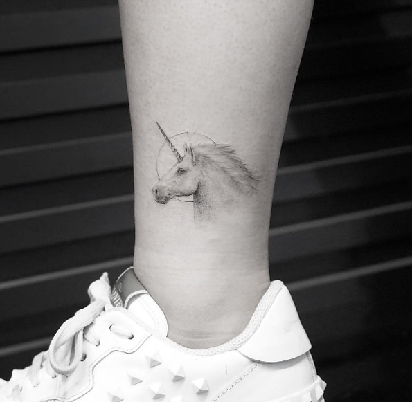 Single needle unicorn tattoo by Sanghyuk Ko