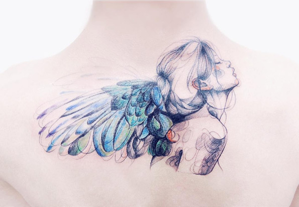 Breathtaking watercolor angel tattoo by Tattooist Banul
