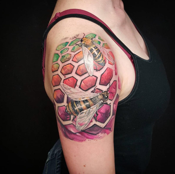 Watercolor honeycomb tattoo by Jorell