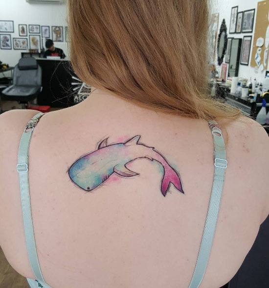 Watercolor whale shark tattoo by Cynthia Sobraty