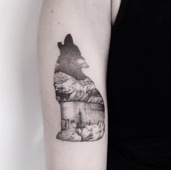 Howling wolf landscape tattoo by Marabou