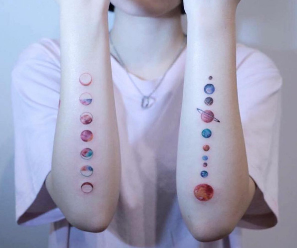 Watercolor solar system by Hill Tattoo
