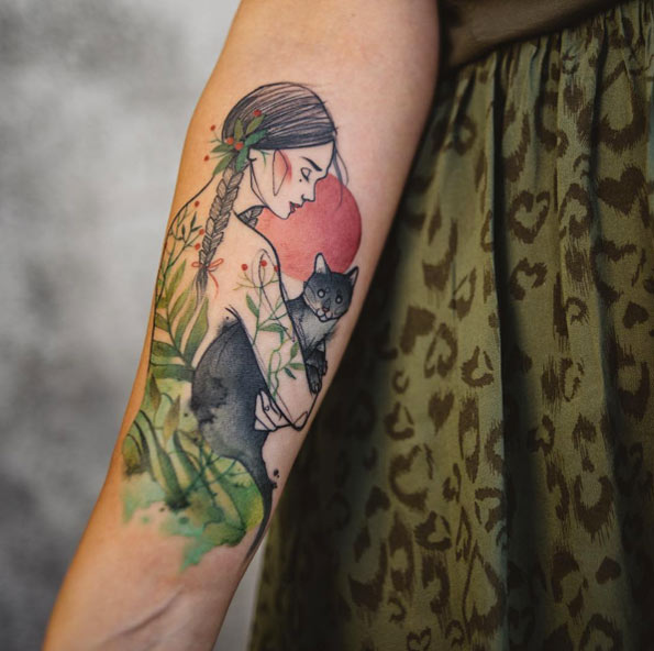 Woman with cat tattoo by Aga Yadou